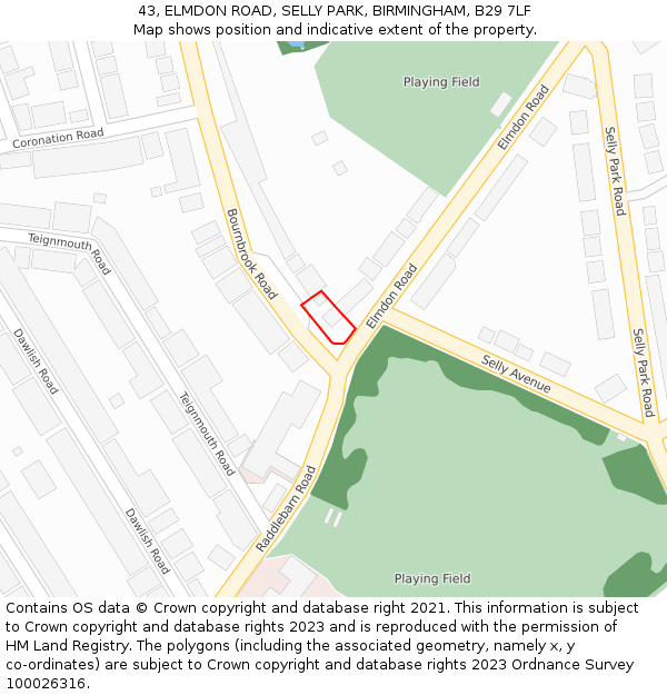 43, ELMDON ROAD, SELLY PARK, BIRMINGHAM, B29 7LF: Location map and indicative extent of plot