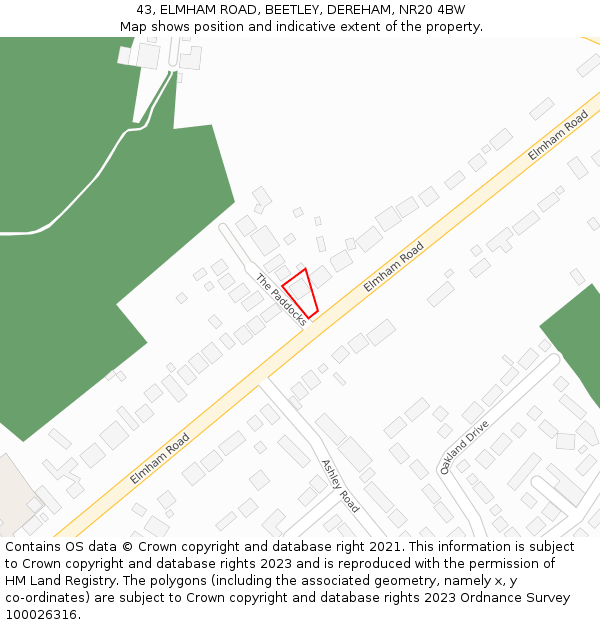 43, ELMHAM ROAD, BEETLEY, DEREHAM, NR20 4BW: Location map and indicative extent of plot