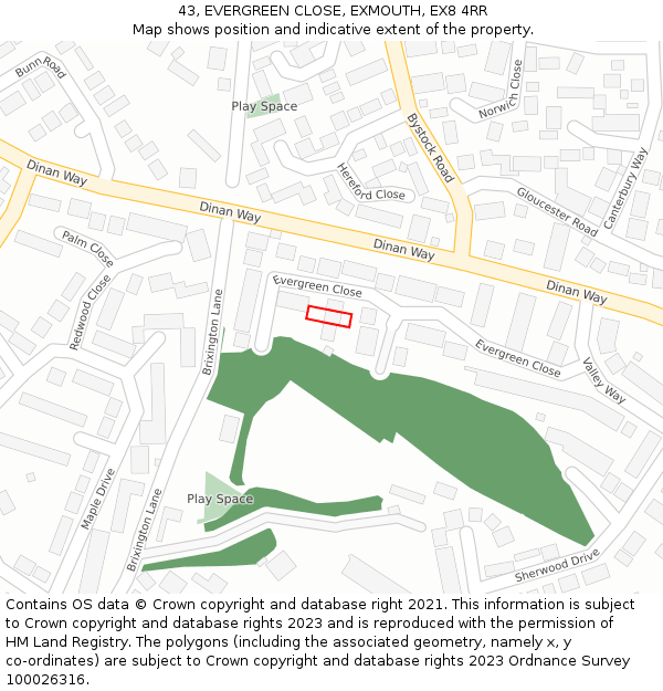 43, EVERGREEN CLOSE, EXMOUTH, EX8 4RR: Location map and indicative extent of plot