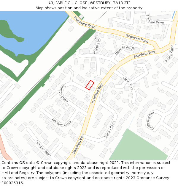 43, FARLEIGH CLOSE, WESTBURY, BA13 3TF: Location map and indicative extent of plot