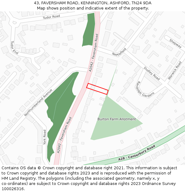 43, FAVERSHAM ROAD, KENNINGTON, ASHFORD, TN24 9DA: Location map and indicative extent of plot