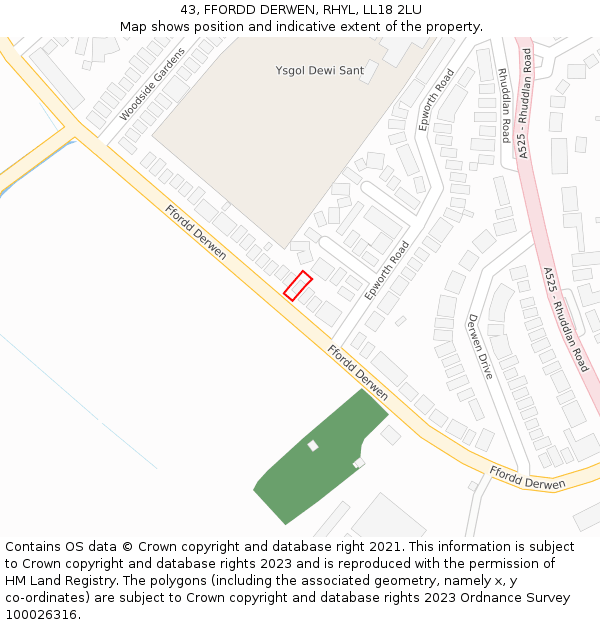 43, FFORDD DERWEN, RHYL, LL18 2LU: Location map and indicative extent of plot