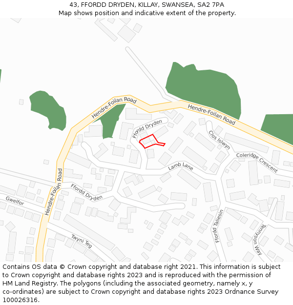 43, FFORDD DRYDEN, KILLAY, SWANSEA, SA2 7PA: Location map and indicative extent of plot