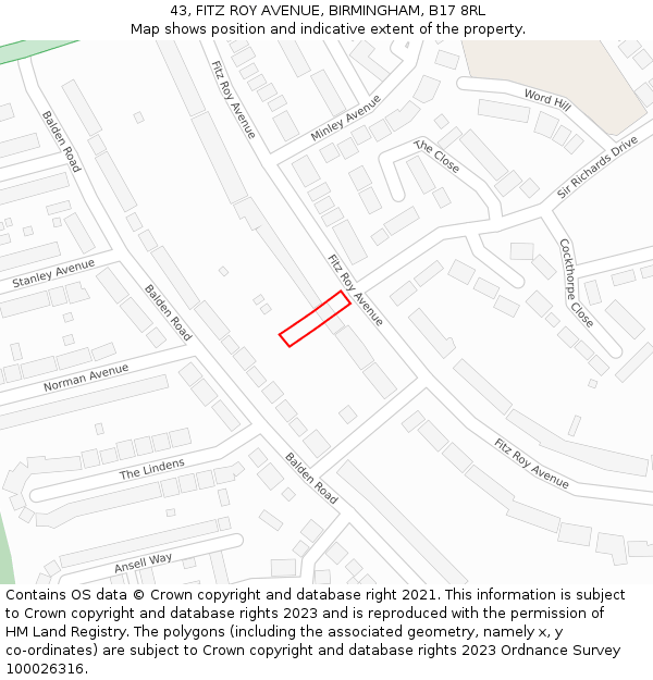 43, FITZ ROY AVENUE, BIRMINGHAM, B17 8RL: Location map and indicative extent of plot