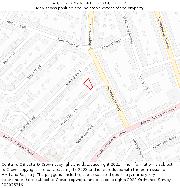 43, FITZROY AVENUE, LUTON, LU3 1RS: Location map and indicative extent of plot