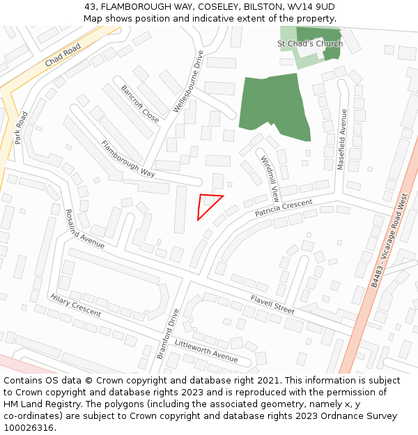 43, FLAMBOROUGH WAY, COSELEY, BILSTON, WV14 9UD: Location map and indicative extent of plot