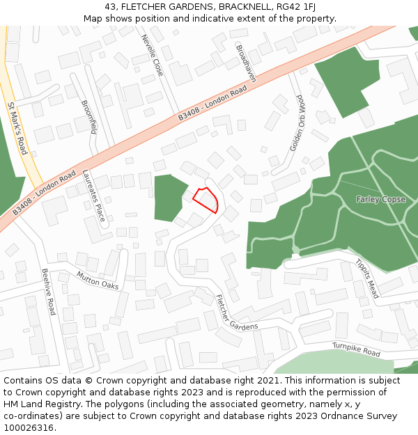 43, FLETCHER GARDENS, BRACKNELL, RG42 1FJ: Location map and indicative extent of plot