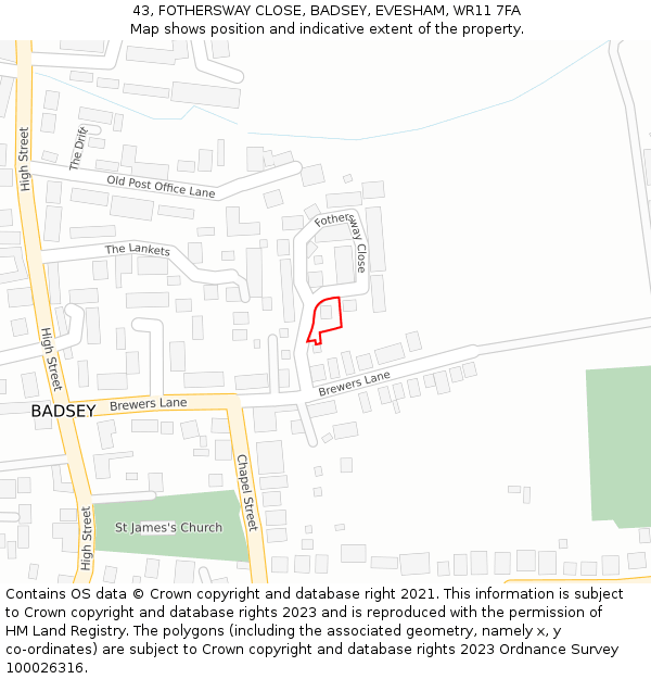 43, FOTHERSWAY CLOSE, BADSEY, EVESHAM, WR11 7FA: Location map and indicative extent of plot