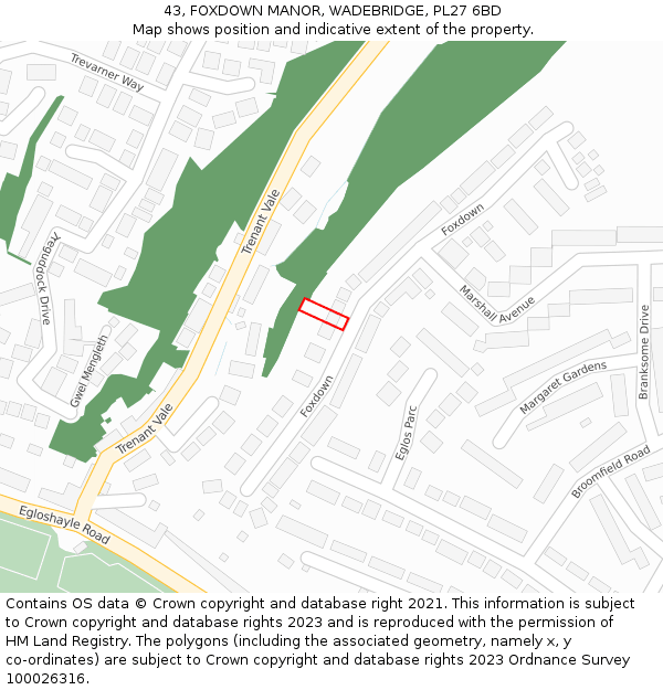 43, FOXDOWN MANOR, WADEBRIDGE, PL27 6BD: Location map and indicative extent of plot