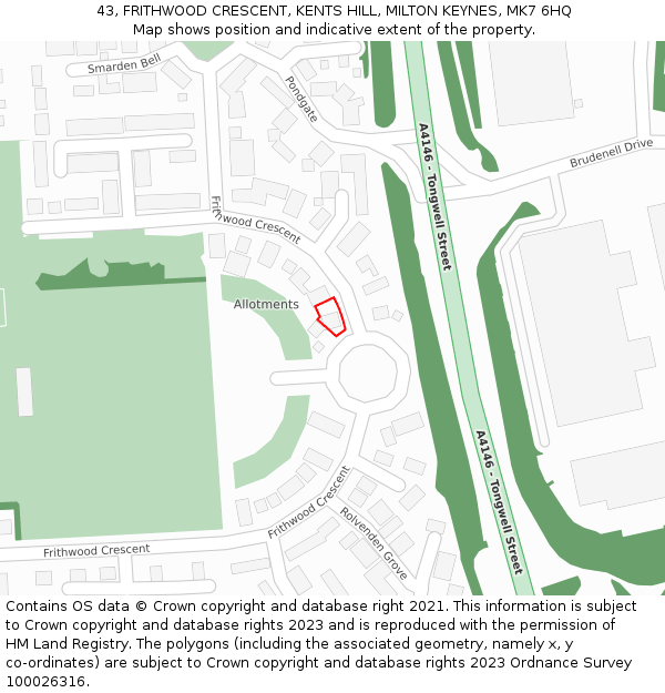 43, FRITHWOOD CRESCENT, KENTS HILL, MILTON KEYNES, MK7 6HQ: Location map and indicative extent of plot