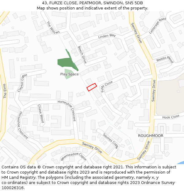 43, FURZE CLOSE, PEATMOOR, SWINDON, SN5 5DB: Location map and indicative extent of plot