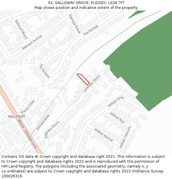 43, GALLOWAY GROVE, PUDSEY, LS28 7FT: Location map and indicative extent of plot