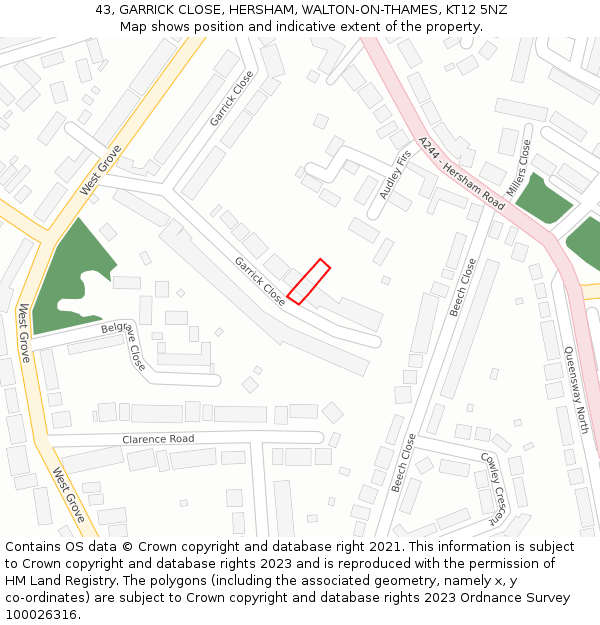 43, GARRICK CLOSE, HERSHAM, WALTON-ON-THAMES, KT12 5NZ: Location map and indicative extent of plot