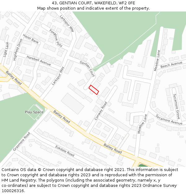 43, GENTIAN COURT, WAKEFIELD, WF2 0FE: Location map and indicative extent of plot