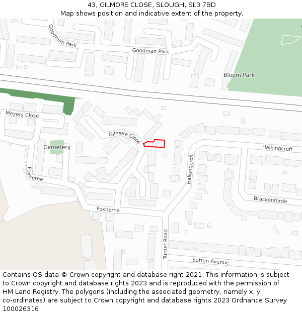 43, GILMORE CLOSE, SLOUGH, SL3 7BD: Location map and indicative extent of plot