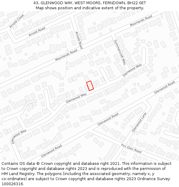 43, GLENWOOD WAY, WEST MOORS, FERNDOWN, BH22 0ET: Location map and indicative extent of plot