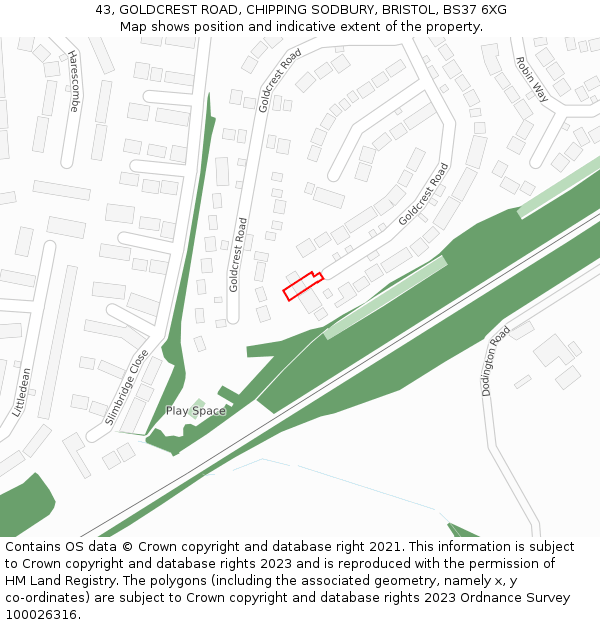 43, GOLDCREST ROAD, CHIPPING SODBURY, BRISTOL, BS37 6XG: Location map and indicative extent of plot