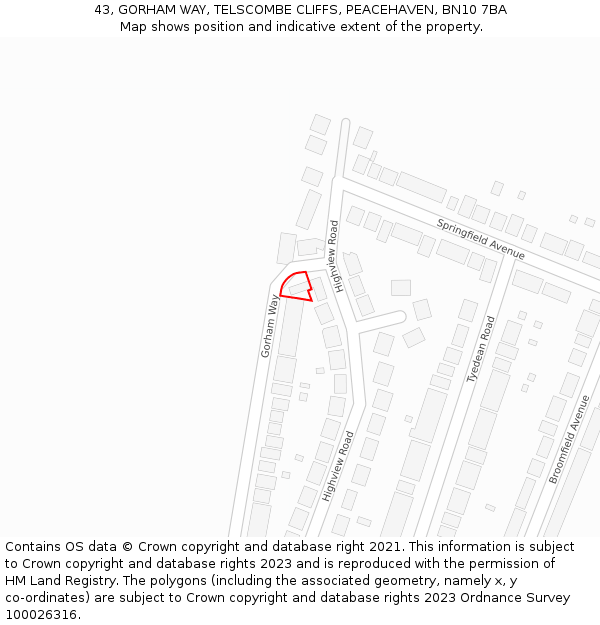 43, GORHAM WAY, TELSCOMBE CLIFFS, PEACEHAVEN, BN10 7BA: Location map and indicative extent of plot