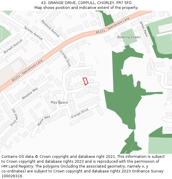 43, GRANGE DRIVE, COPPULL, CHORLEY, PR7 5FG: Location map and indicative extent of plot