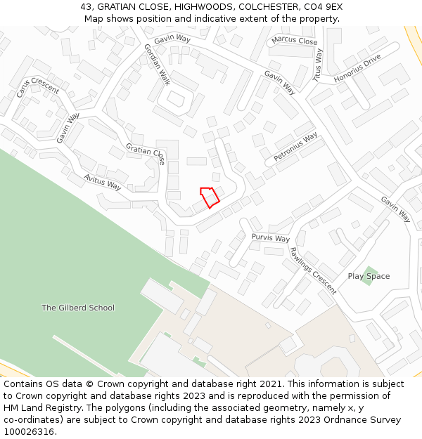 43, GRATIAN CLOSE, HIGHWOODS, COLCHESTER, CO4 9EX: Location map and indicative extent of plot