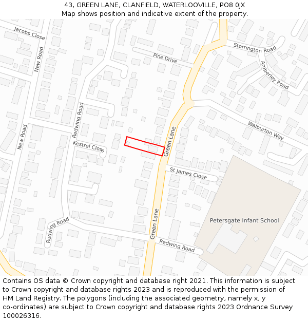 43, GREEN LANE, CLANFIELD, WATERLOOVILLE, PO8 0JX: Location map and indicative extent of plot