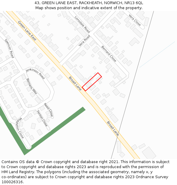 43, GREEN LANE EAST, RACKHEATH, NORWICH, NR13 6QL: Location map and indicative extent of plot