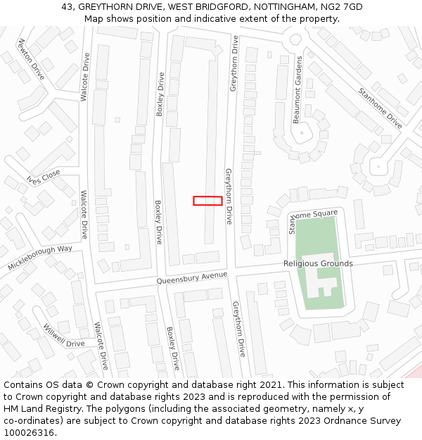 43, GREYTHORN DRIVE, WEST BRIDGFORD, NOTTINGHAM, NG2 7GD: Location map and indicative extent of plot