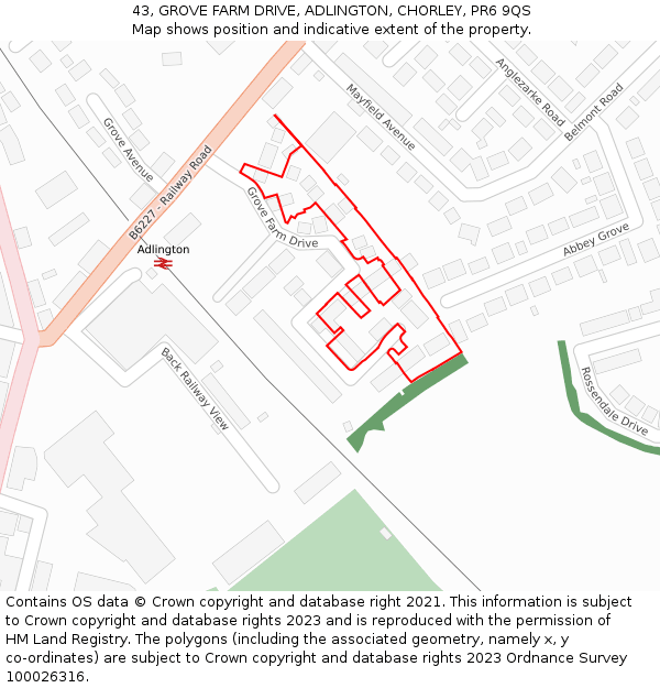 43, GROVE FARM DRIVE, ADLINGTON, CHORLEY, PR6 9QS: Location map and indicative extent of plot