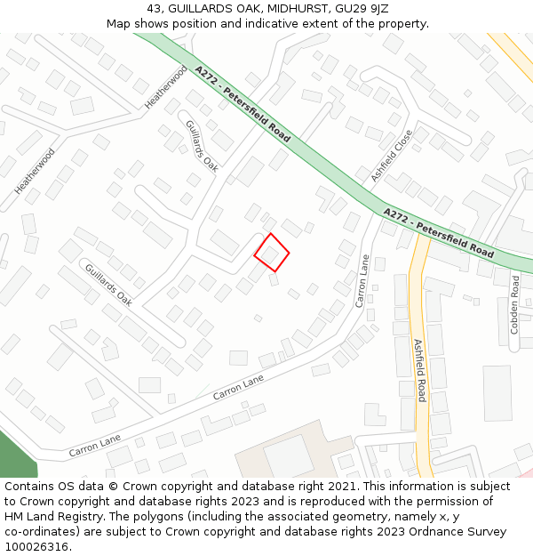 43, GUILLARDS OAK, MIDHURST, GU29 9JZ: Location map and indicative extent of plot