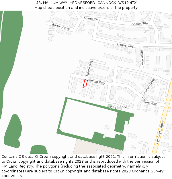 43, HALLUM WAY, HEDNESFORD, CANNOCK, WS12 4TX: Location map and indicative extent of plot