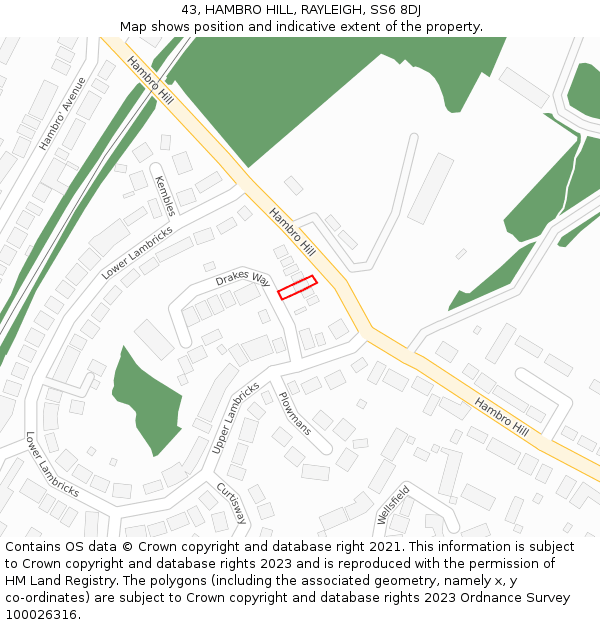 43, HAMBRO HILL, RAYLEIGH, SS6 8DJ: Location map and indicative extent of plot