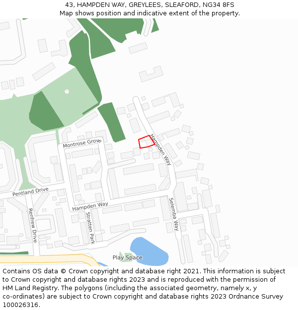 43, HAMPDEN WAY, GREYLEES, SLEAFORD, NG34 8FS: Location map and indicative extent of plot