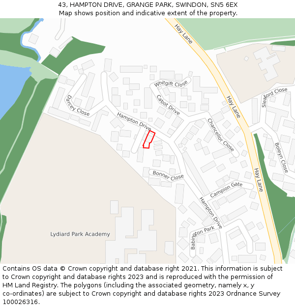 43, HAMPTON DRIVE, GRANGE PARK, SWINDON, SN5 6EX: Location map and indicative extent of plot