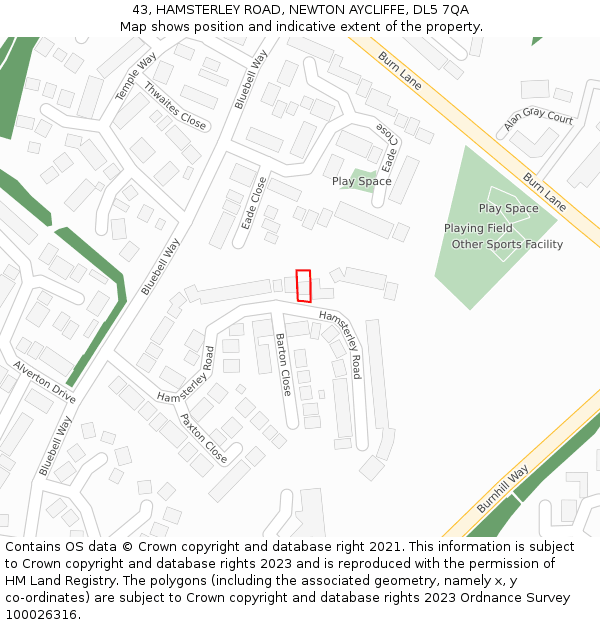 43, HAMSTERLEY ROAD, NEWTON AYCLIFFE, DL5 7QA: Location map and indicative extent of plot