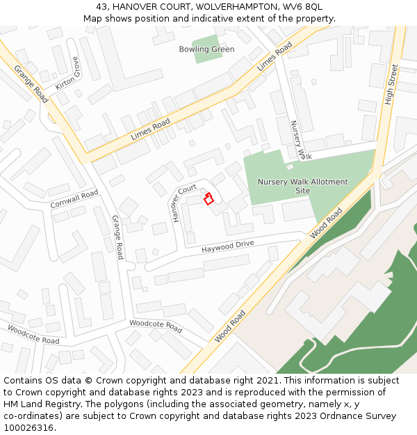 43, HANOVER COURT, WOLVERHAMPTON, WV6 8QL: Location map and indicative extent of plot
