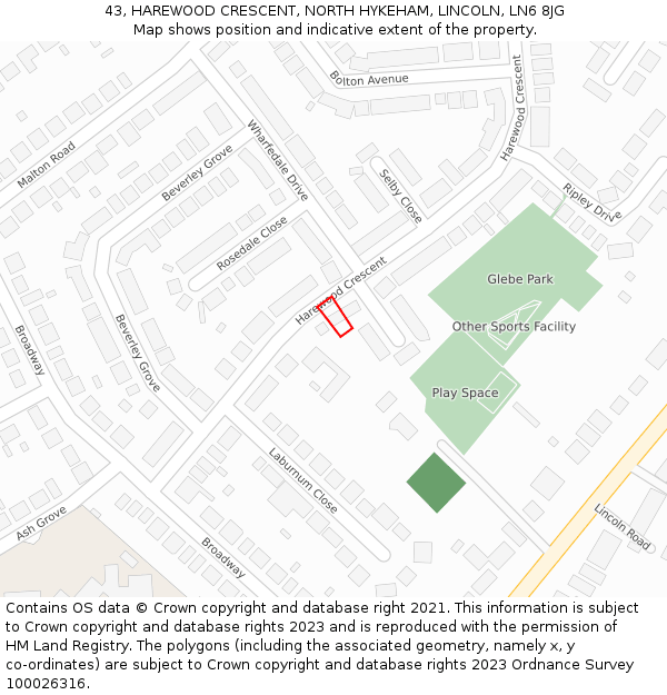 43, HAREWOOD CRESCENT, NORTH HYKEHAM, LINCOLN, LN6 8JG: Location map and indicative extent of plot