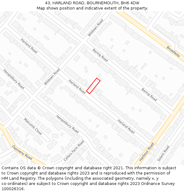 43, HARLAND ROAD, BOURNEMOUTH, BH6 4DW: Location map and indicative extent of plot