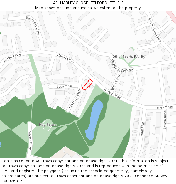 43, HARLEY CLOSE, TELFORD, TF1 3LF: Location map and indicative extent of plot