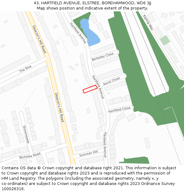 43, HARTFIELD AVENUE, ELSTREE, BOREHAMWOOD, WD6 3JJ: Location map and indicative extent of plot