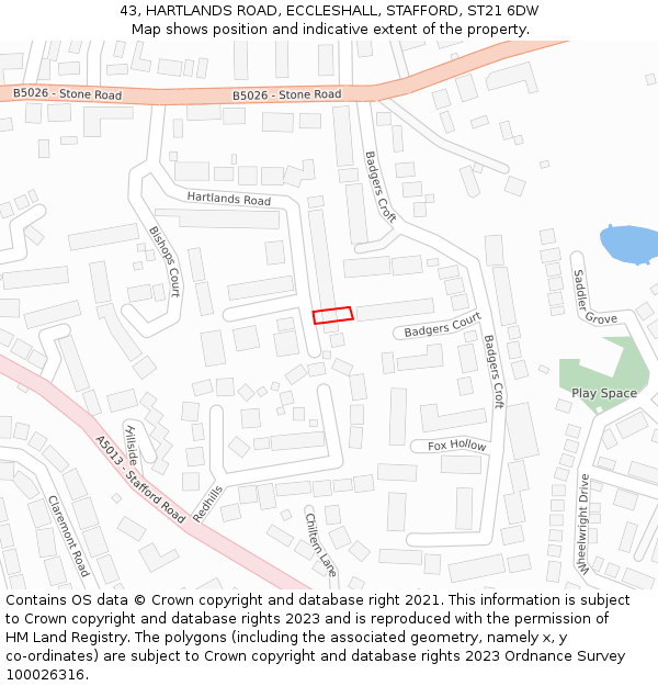 43, HARTLANDS ROAD, ECCLESHALL, STAFFORD, ST21 6DW: Location map and indicative extent of plot