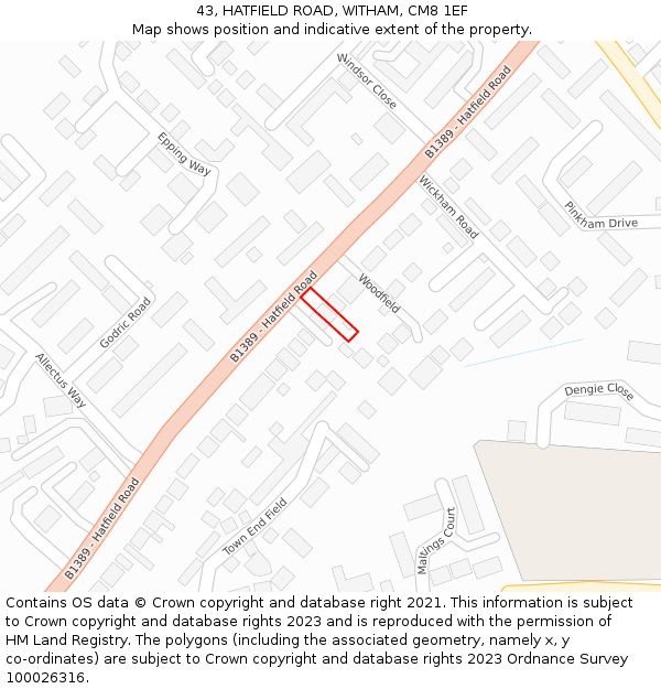 43, HATFIELD ROAD, WITHAM, CM8 1EF: Location map and indicative extent of plot