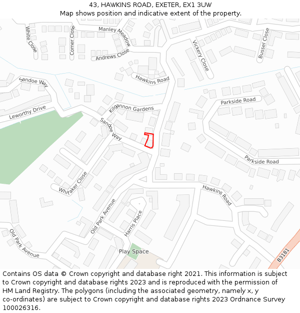 43, HAWKINS ROAD, EXETER, EX1 3UW: Location map and indicative extent of plot