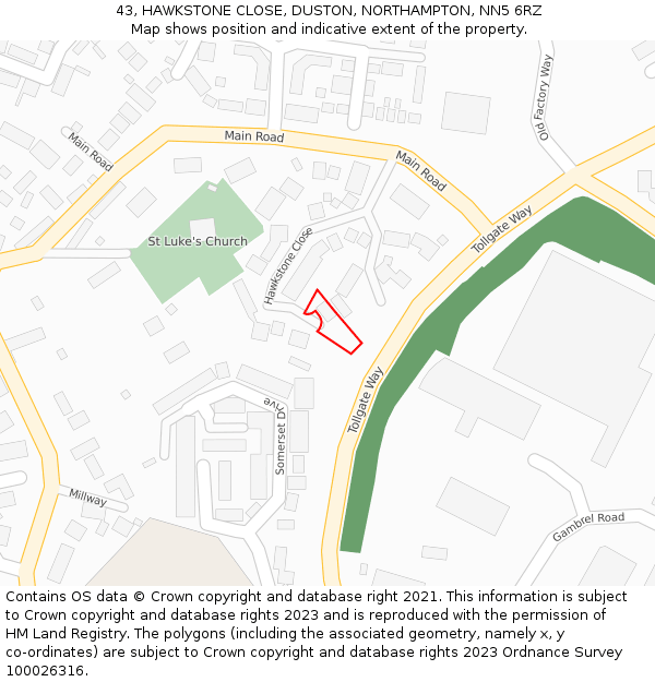 43, HAWKSTONE CLOSE, DUSTON, NORTHAMPTON, NN5 6RZ: Location map and indicative extent of plot