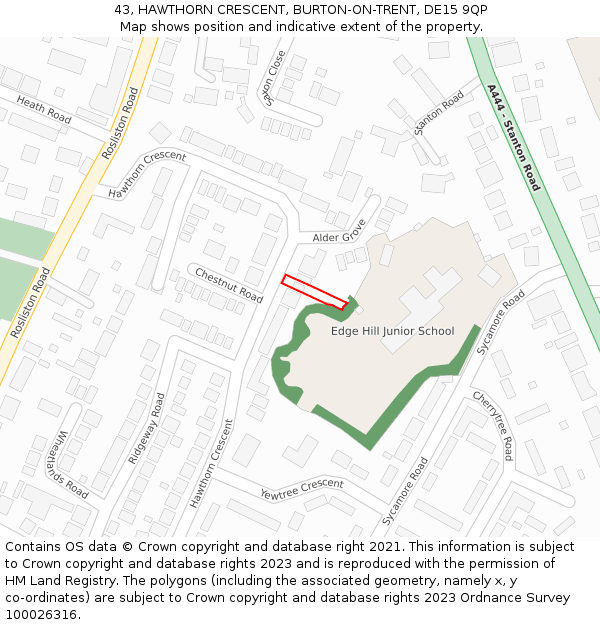 43, HAWTHORN CRESCENT, BURTON-ON-TRENT, DE15 9QP: Location map and indicative extent of plot