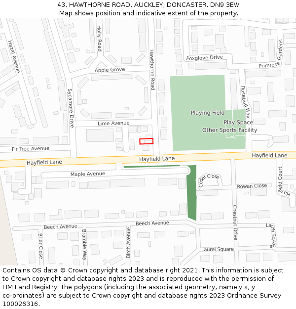 43, HAWTHORNE ROAD, AUCKLEY, DONCASTER, DN9 3EW: Location map and indicative extent of plot