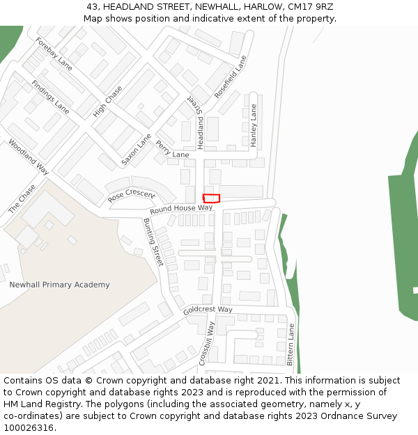 43, HEADLAND STREET, NEWHALL, HARLOW, CM17 9RZ: Location map and indicative extent of plot