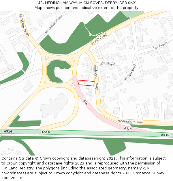43, HEDINGHAM WAY, MICKLEOVER, DERBY, DE3 0NX: Location map and indicative extent of plot