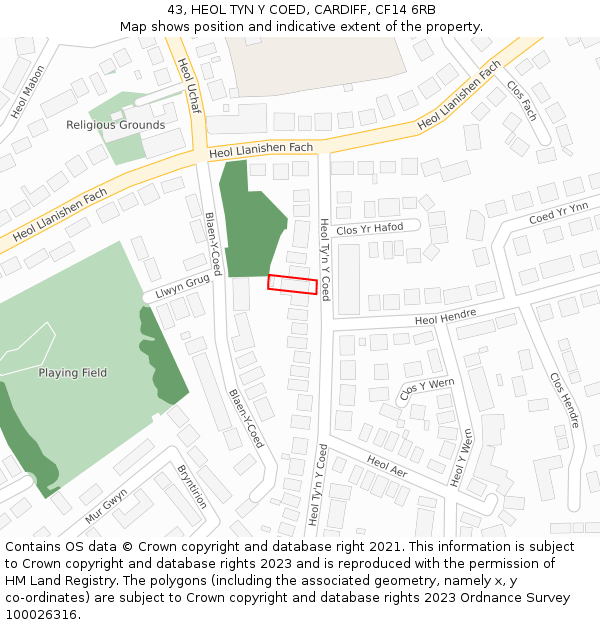 43, HEOL TYN Y COED, CARDIFF, CF14 6RB: Location map and indicative extent of plot
