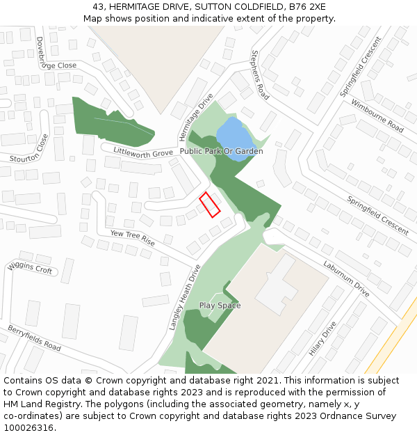 43, HERMITAGE DRIVE, SUTTON COLDFIELD, B76 2XE: Location map and indicative extent of plot