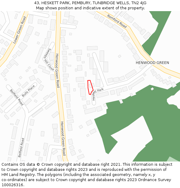 43, HESKETT PARK, PEMBURY, TUNBRIDGE WELLS, TN2 4JG: Location map and indicative extent of plot